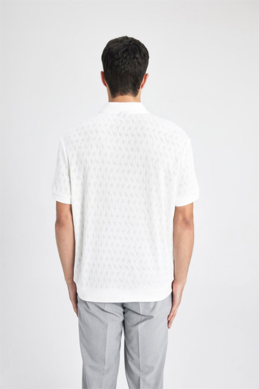 Man White Regular Fit Knitting Look Short Sleeve Polo T-Shirt