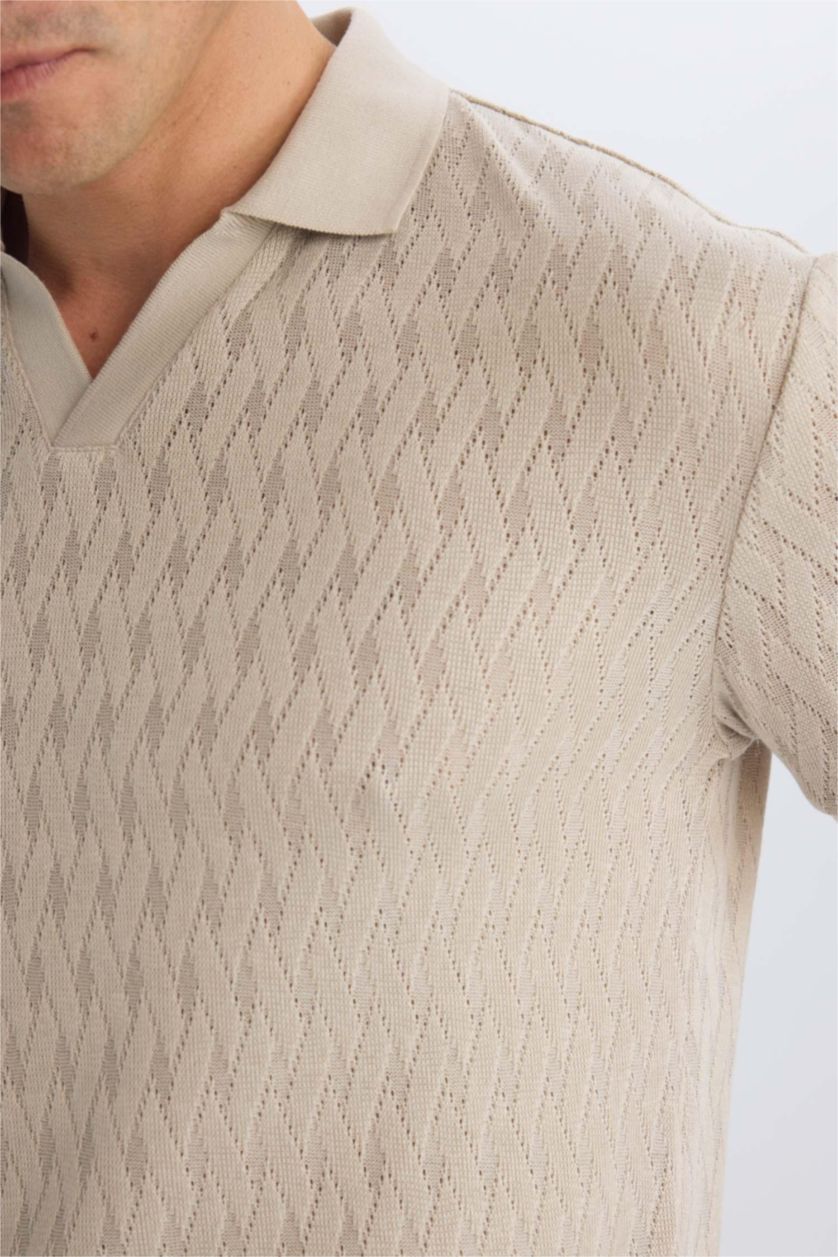 Erkek Bej Regular Fit Polo Yaka Kısa Kollu Örgü Görünümlü Tişört