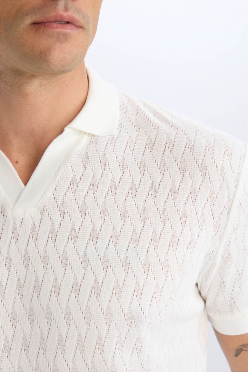 Erkek Kırık Beyaz Regular Fit Polo Yaka Kısa Kollu Örgü Görünümlü Tişört