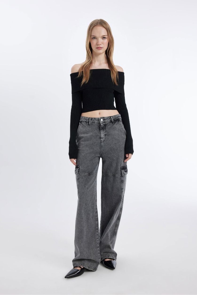 Kadın Siyah Slim Fit Dar Kesim Açık Omuz Basic Düz Triko Kazak