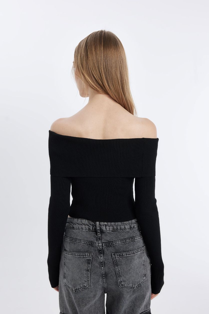 Kadın Siyah Slim Fit Dar Kesim Açık Omuz Basic Düz Triko Kazak