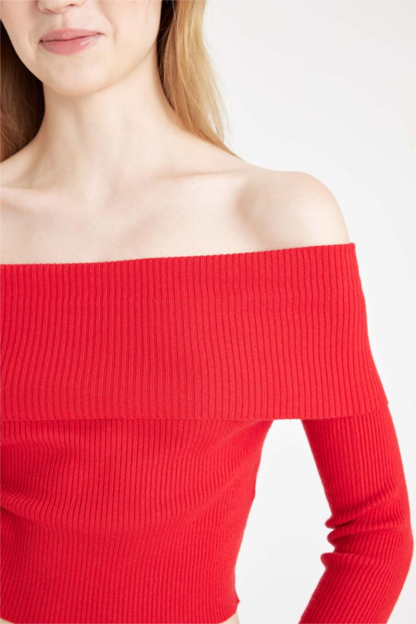 Kadın Kırmızı Slim Fit Dar Kesim Açık Omuz Basic Düz Triko Kazak
