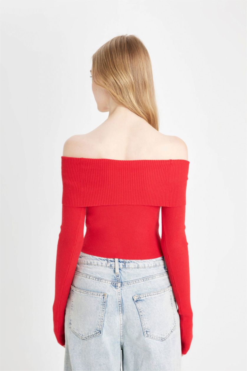 Kadın Kırmızı Slim Fit Dar Kesim Açık Omuz Basic Düz Triko Kazak