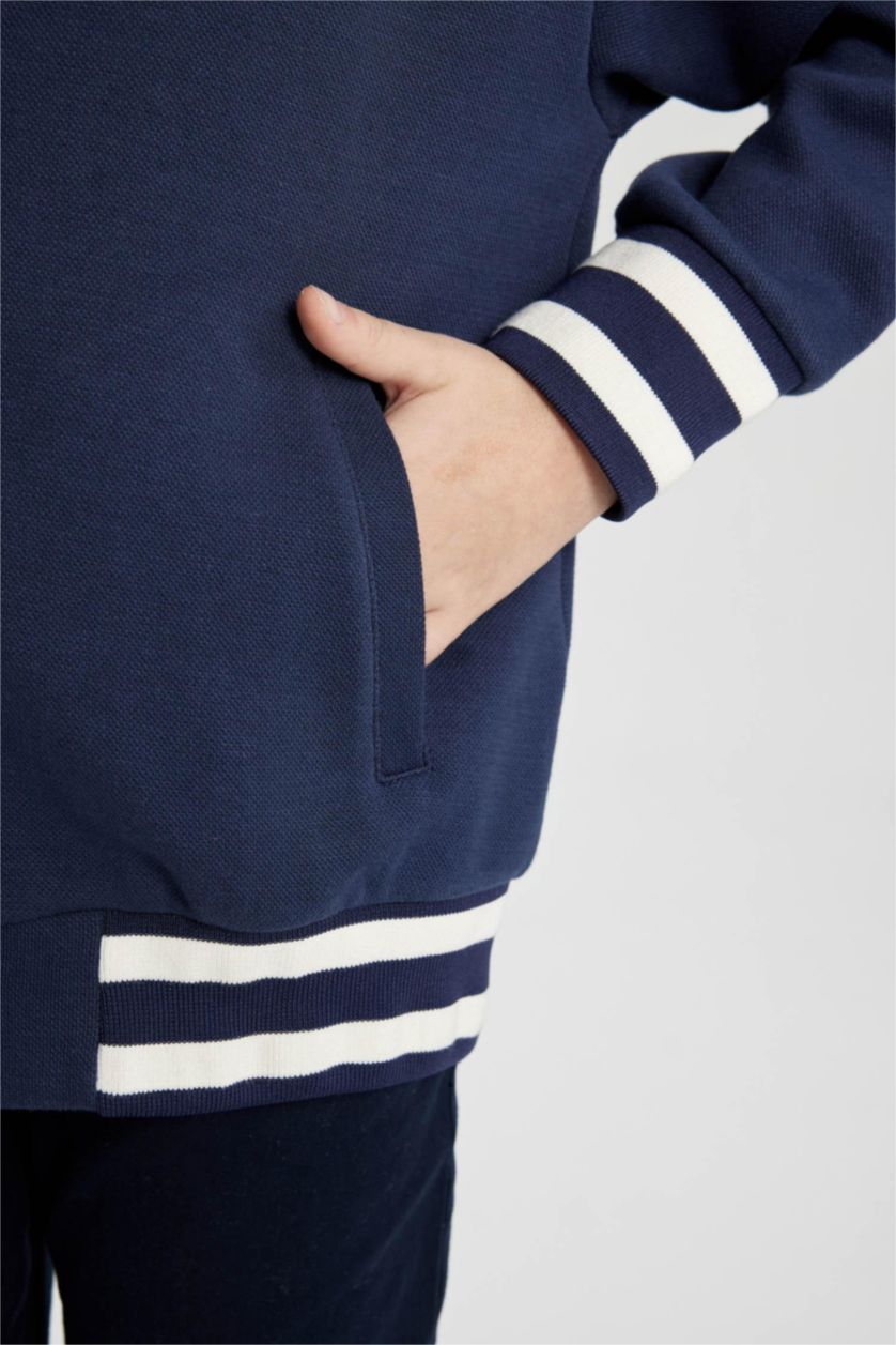 Erkek Çocuk - Genç Erkek Lacivert Erkek Çocuk Kolej Yaka Baskılı Çıtçıt Kapamalı Çift Cepli Mevsimlik Bomber Hırka