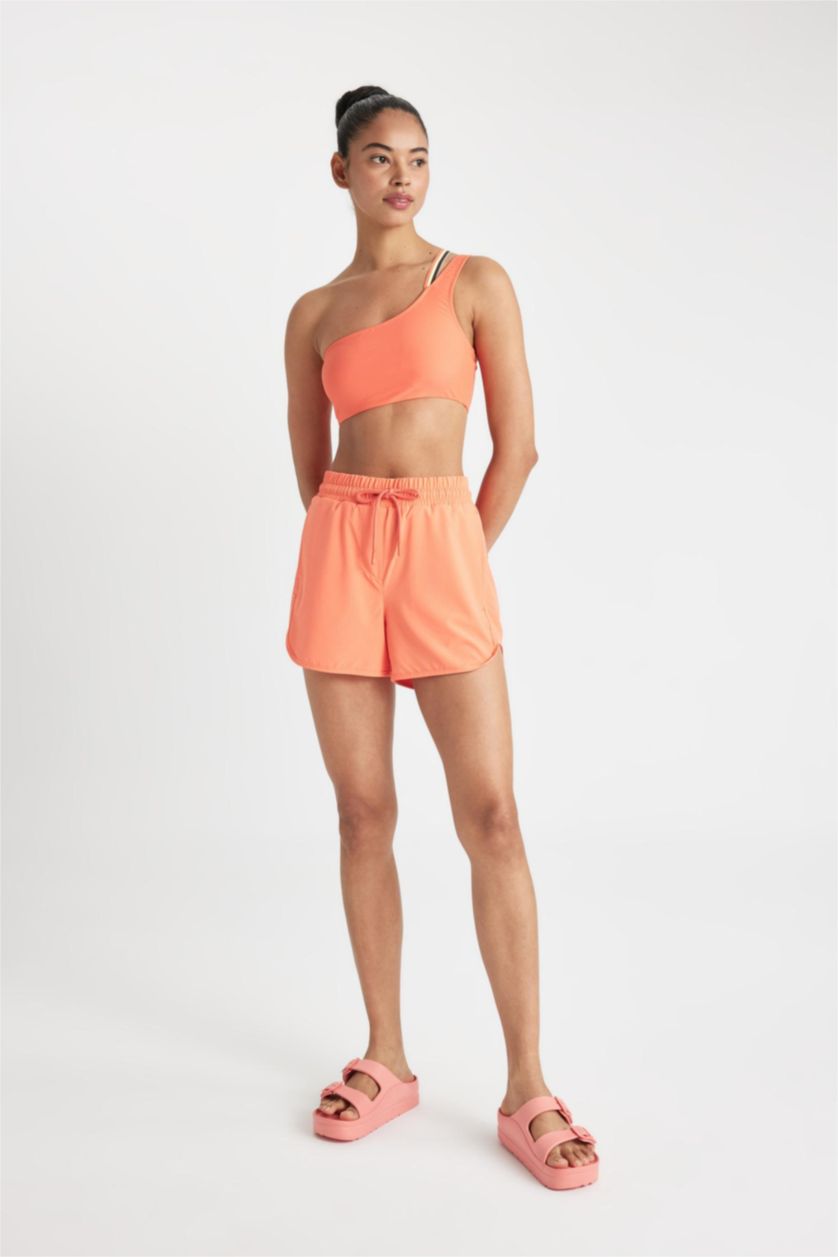 Kadın Neon Turuncu Standart Fit Esnek Dokulu Sporcu Deniz Şortu