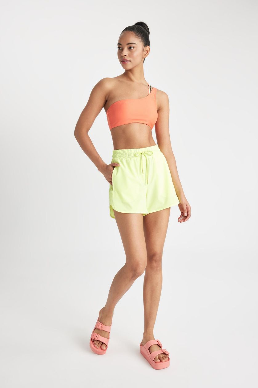 Woman Neon Yellow DeFactoFit Slim Fit Flexible Textured Swim Shorts