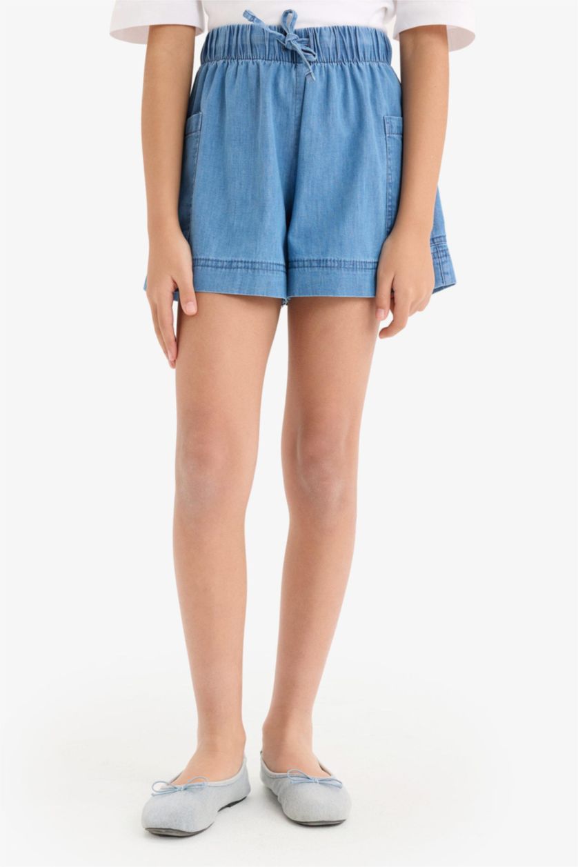 بناتي أزرق شورت جينز بناتي بجيب وخصر مطاطي