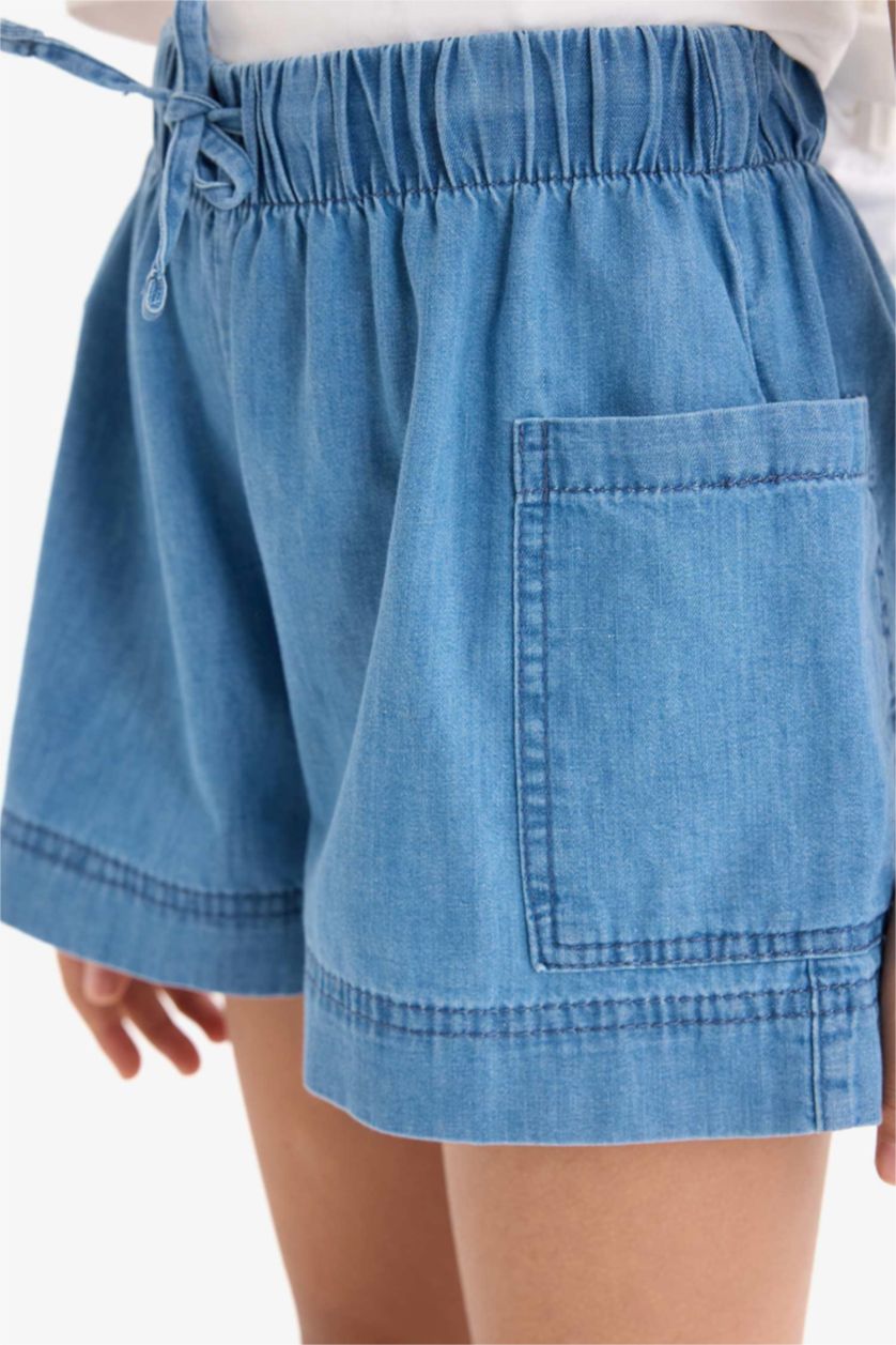 بناتي أزرق شورت جينز بناتي بجيب وخصر مطاطي