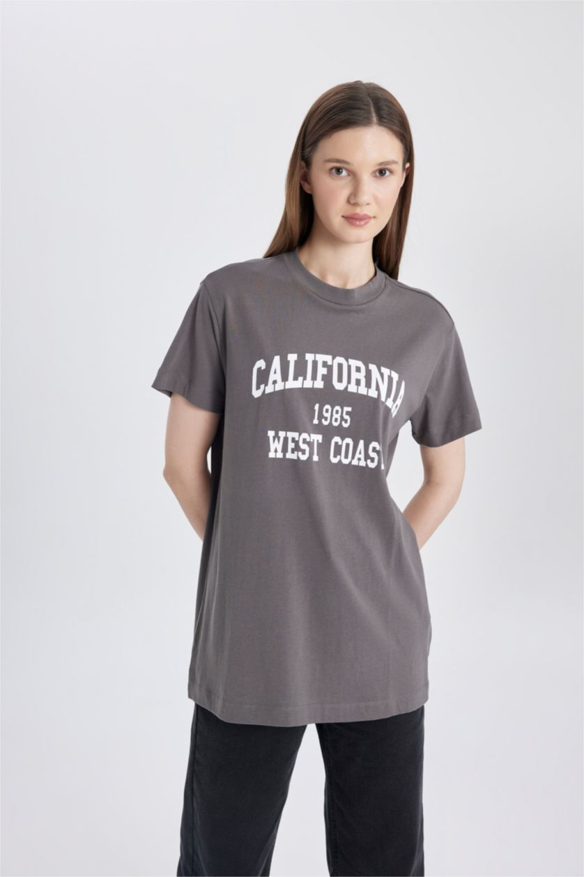 WOMAN Dark Grey Regular Fit Crew Neck University Printed Tunic