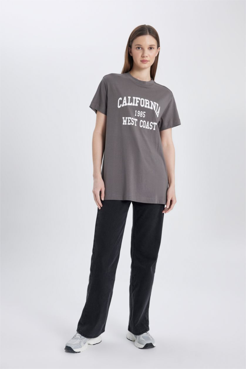 WOMAN Dark Grey Regular Fit Crew Neck University Printed Tunic