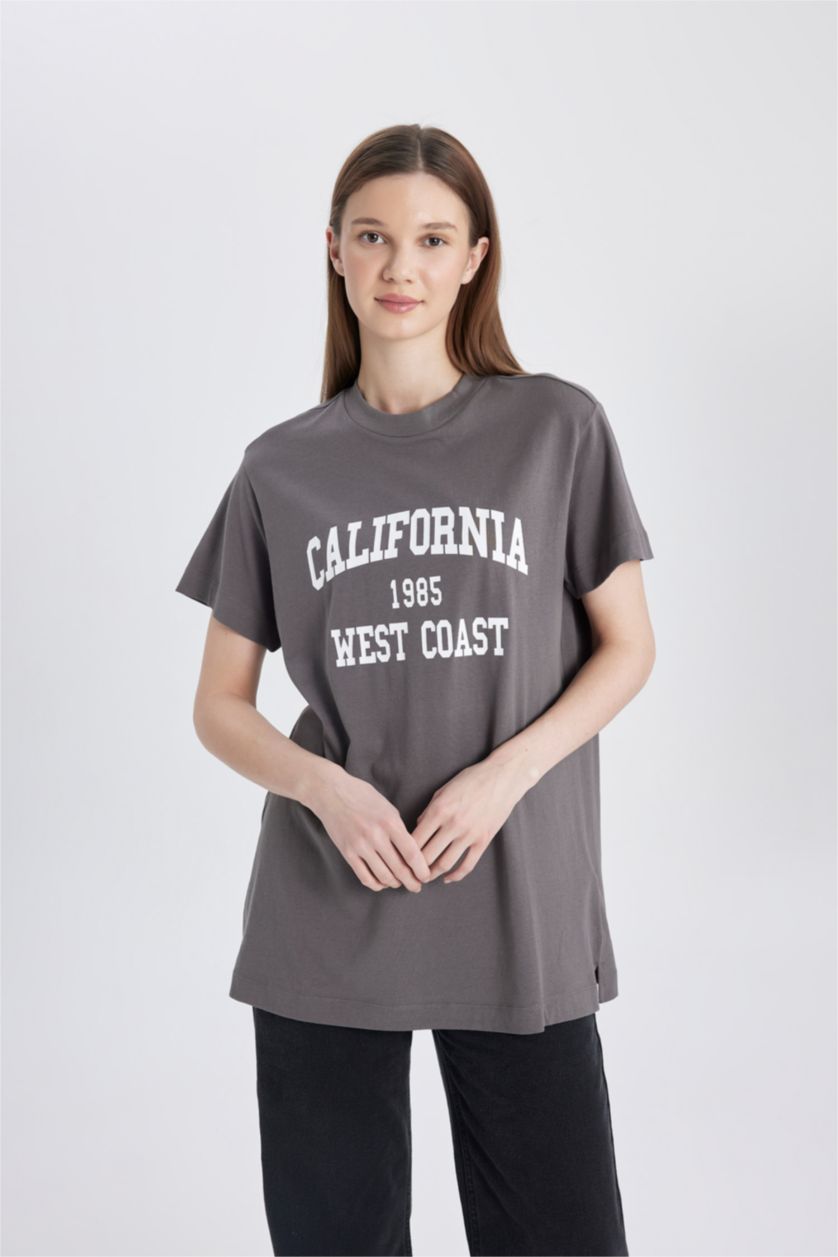 WOMAN Dark Grey Regular Fit Crew Neck University Printed Tunic