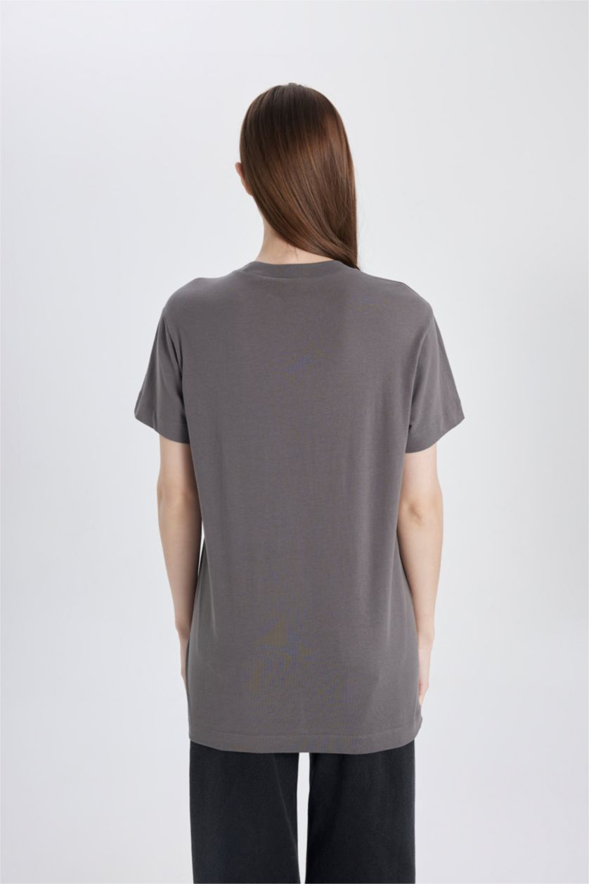 WOMAN Dark Grey Regular Fit Crew Neck University Printed Tunic