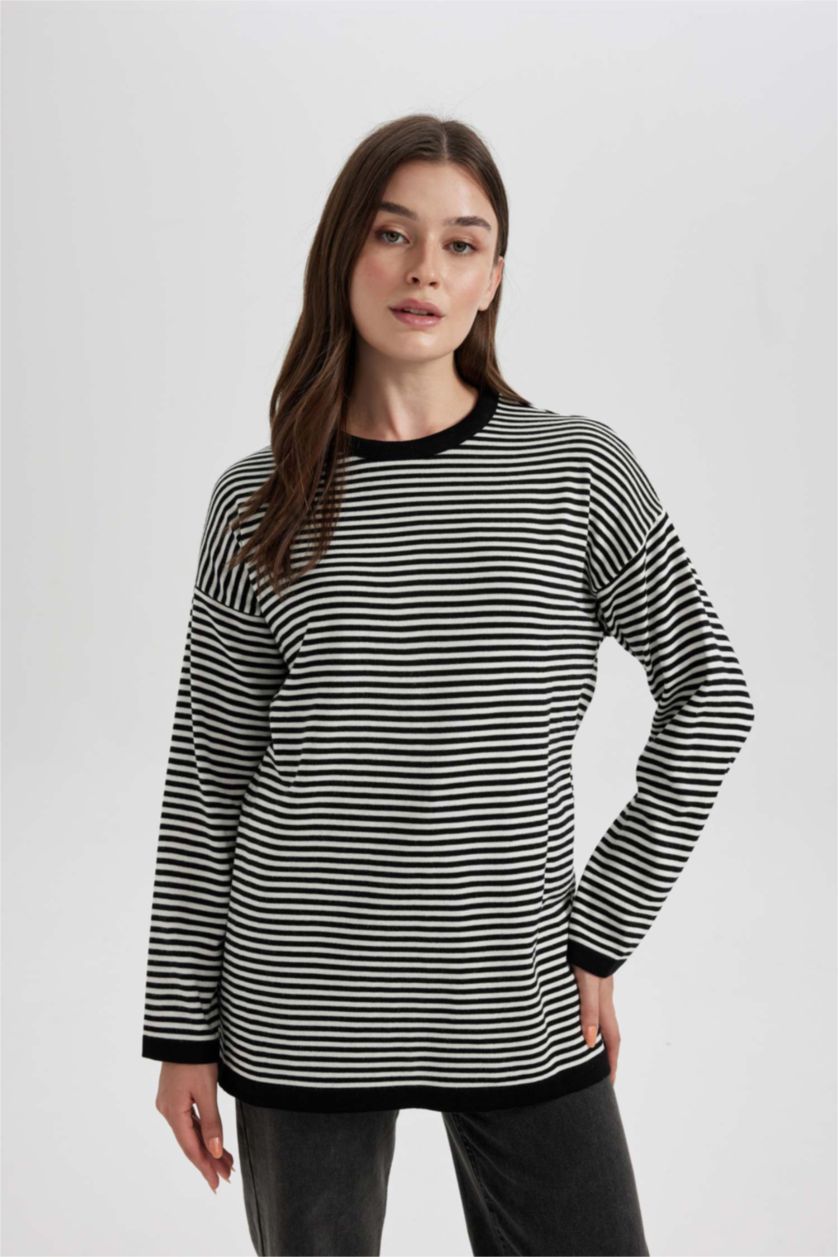 WOMAN Black Regular Fit Crew Neck Striped Knitted Pullover Tunic