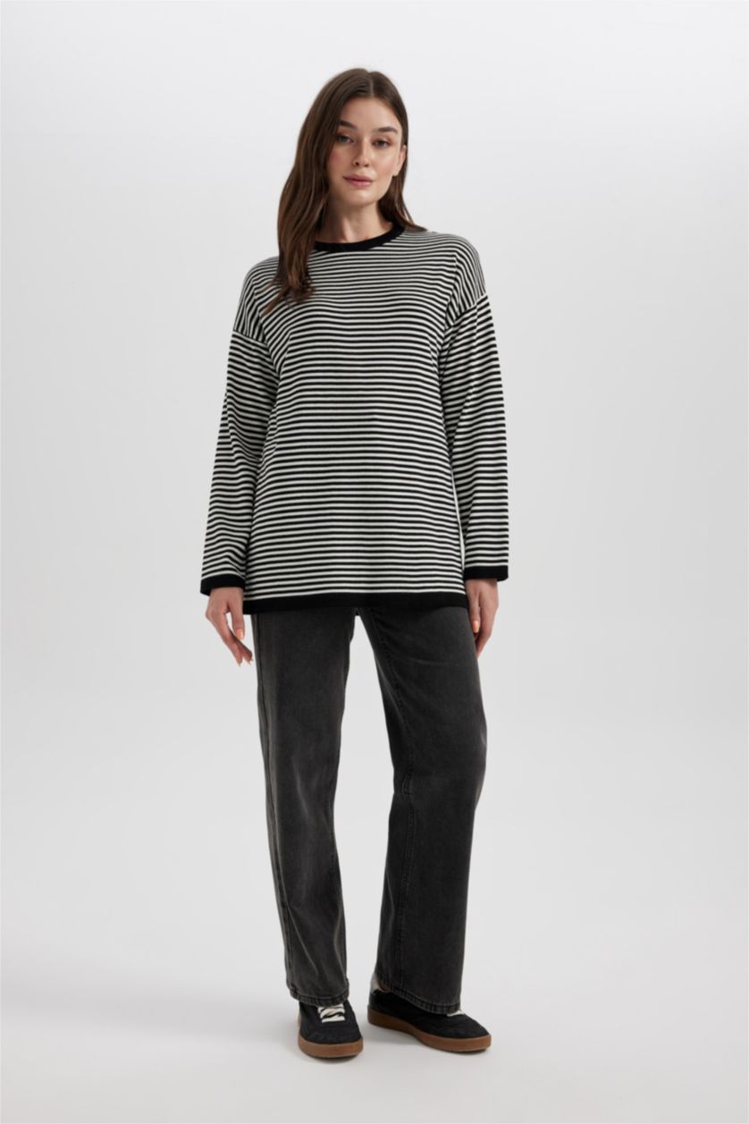 WOMAN Black Regular Fit Crew Neck Striped Knitted Pullover Tunic