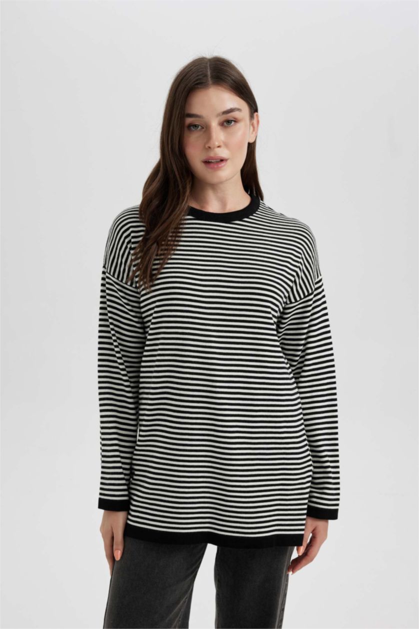 WOMAN Black Regular Fit Crew Neck Striped Knitted Pullover Tunic