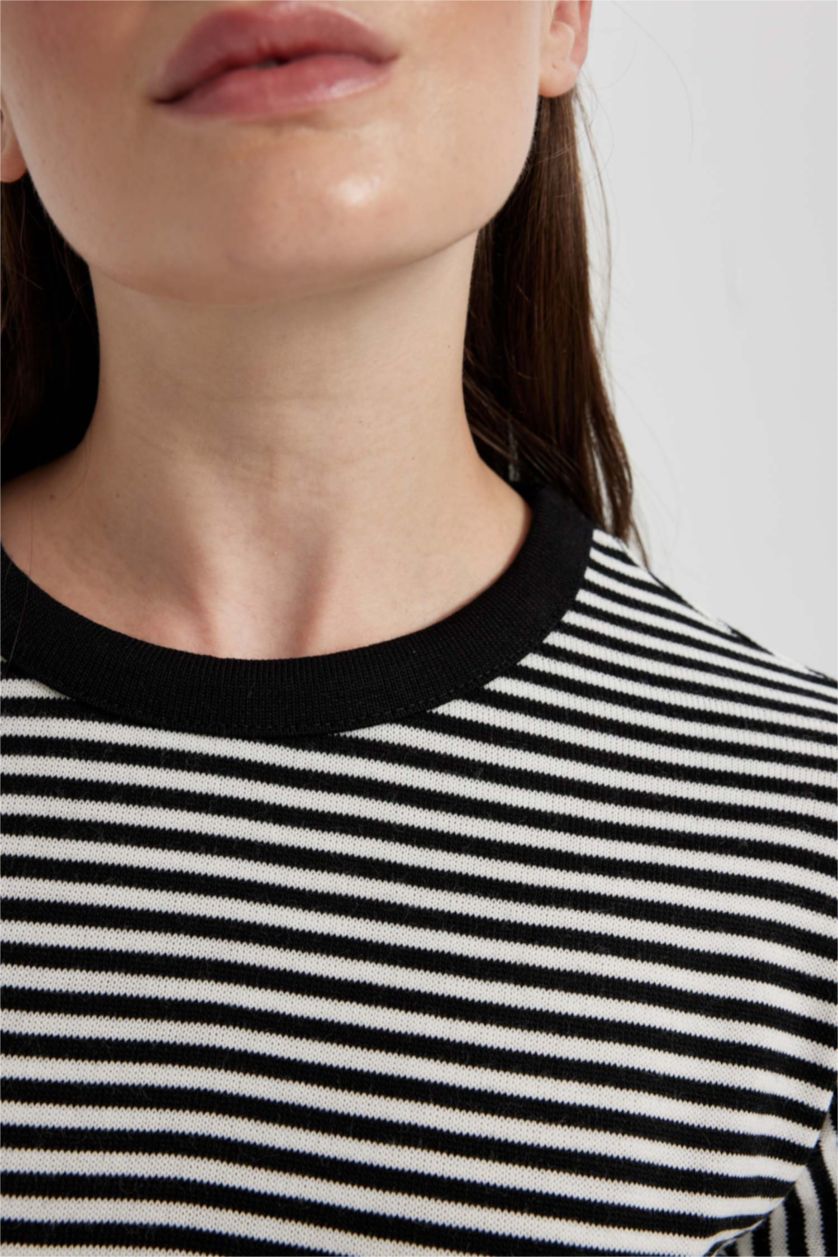 WOMAN Black Regular Fit Crew Neck Striped Knitted Pullover Tunic