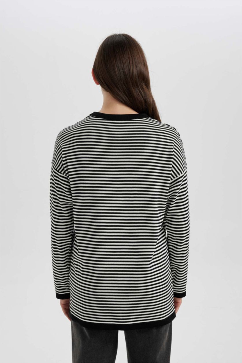 WOMAN Black Regular Fit Crew Neck Striped Knitted Pullover Tunic