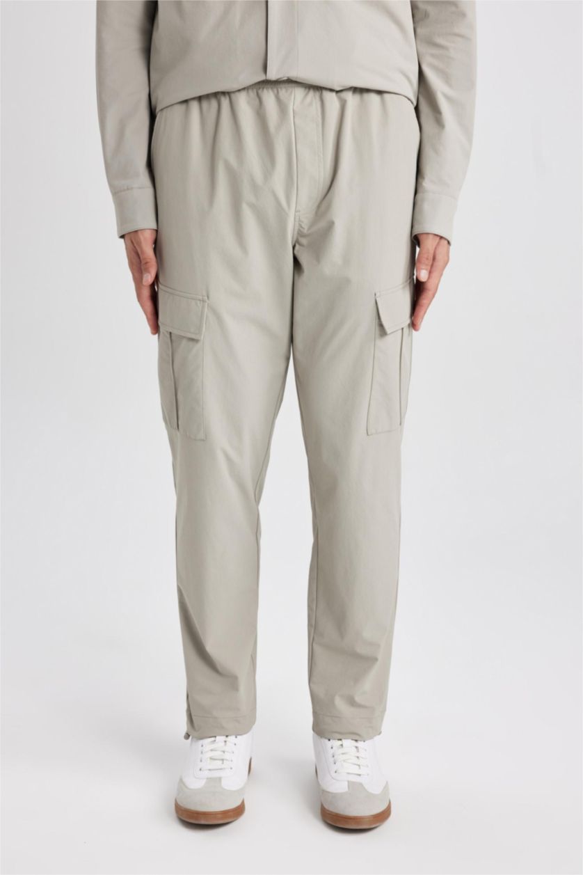 Erkek Gri Jogger Yazlık Kumaş Pantolon Kargo Cepli Her Yöne Esneyen Büzgülü Düz Paça