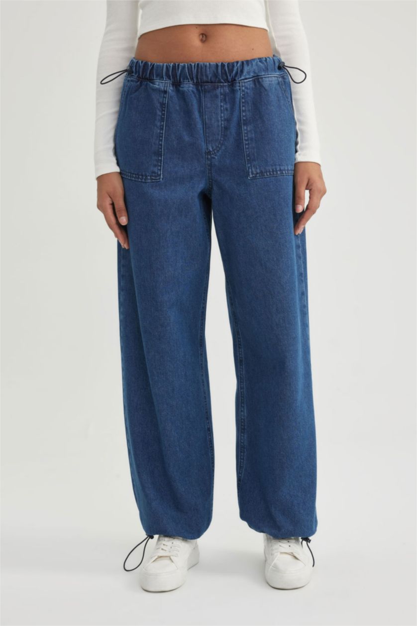 WOMAN Dark Blue Parachute Cargo Normal Waist Long Jeans