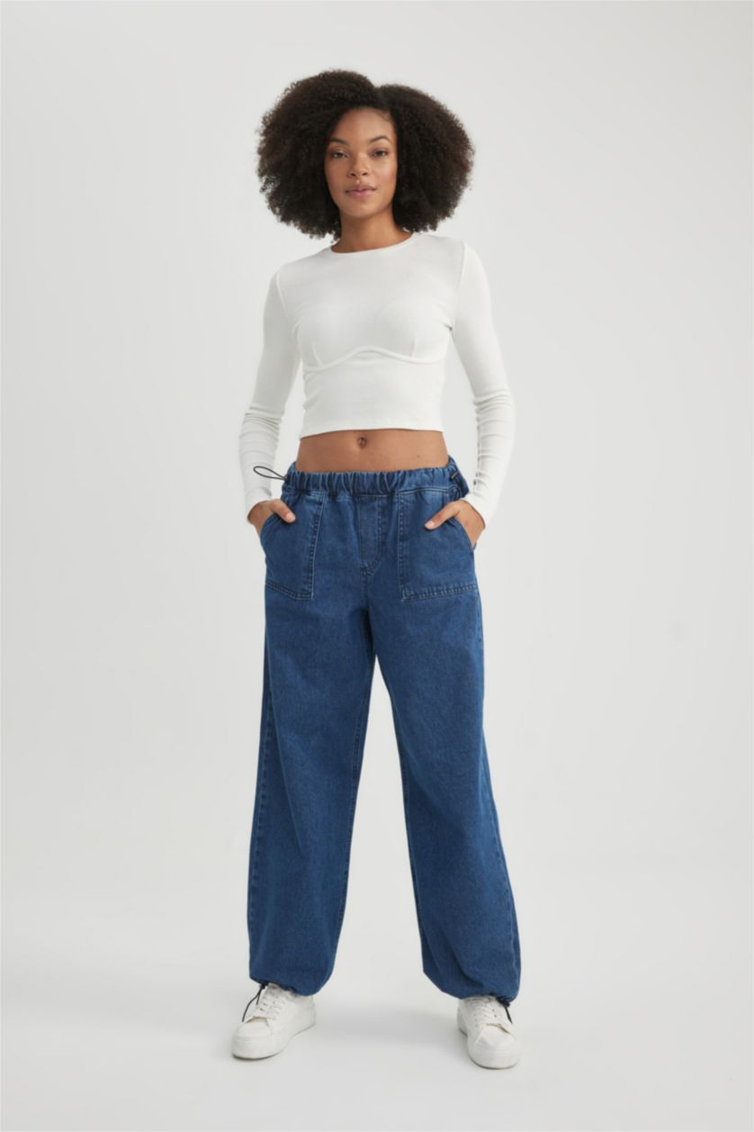 WOMAN Dark Blue Parachute Cargo Normal Waist Long Jeans