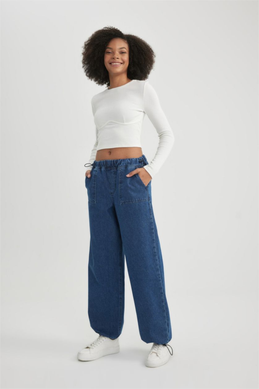 WOMAN Dark Blue Parachute Cargo Normal Waist Long Jeans