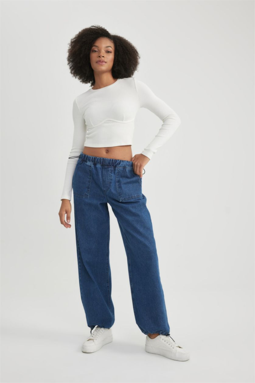 WOMAN Dark Blue Parachute Cargo Normal Waist Long Jeans