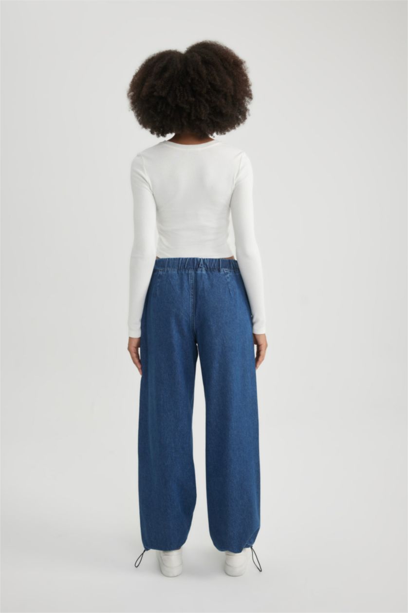 WOMAN Dark Blue Parachute Cargo Normal Waist Long Jeans