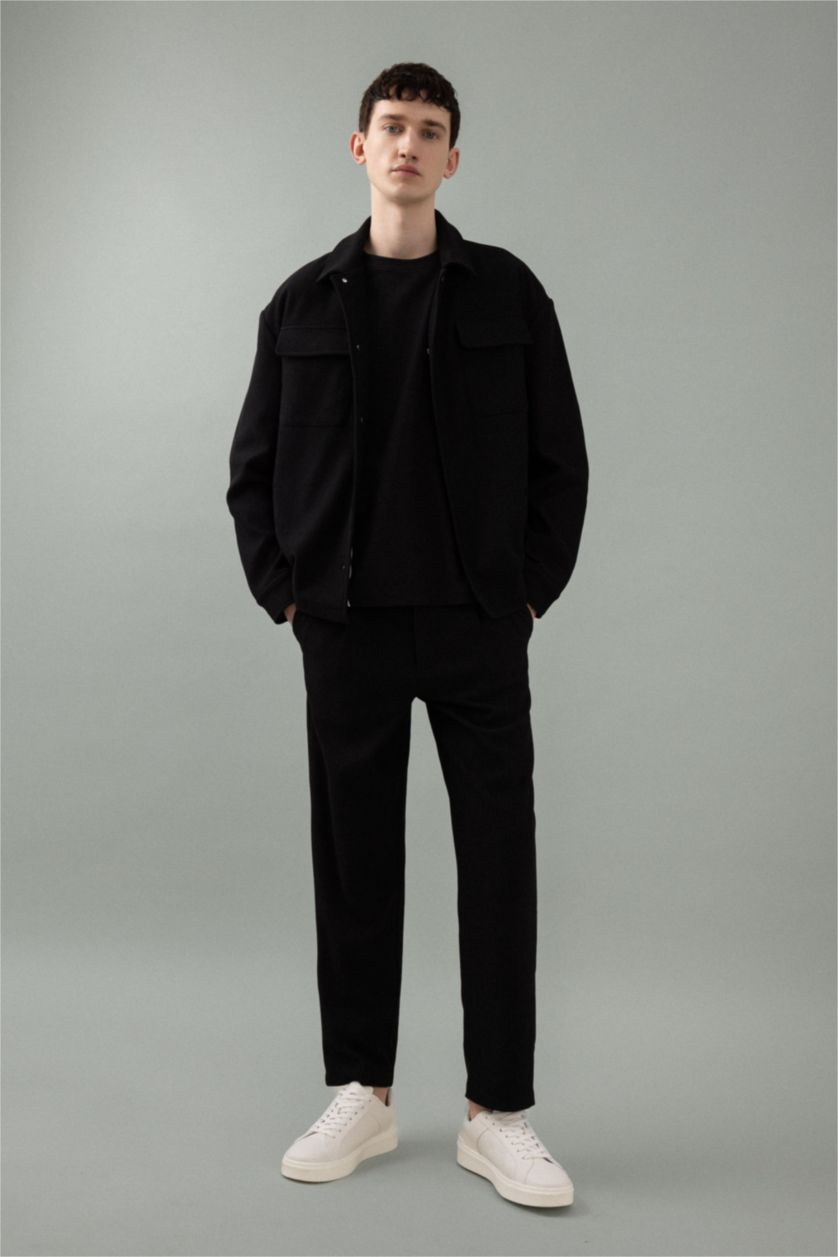 Man Black Tapered Fit Regular Hem Trousers