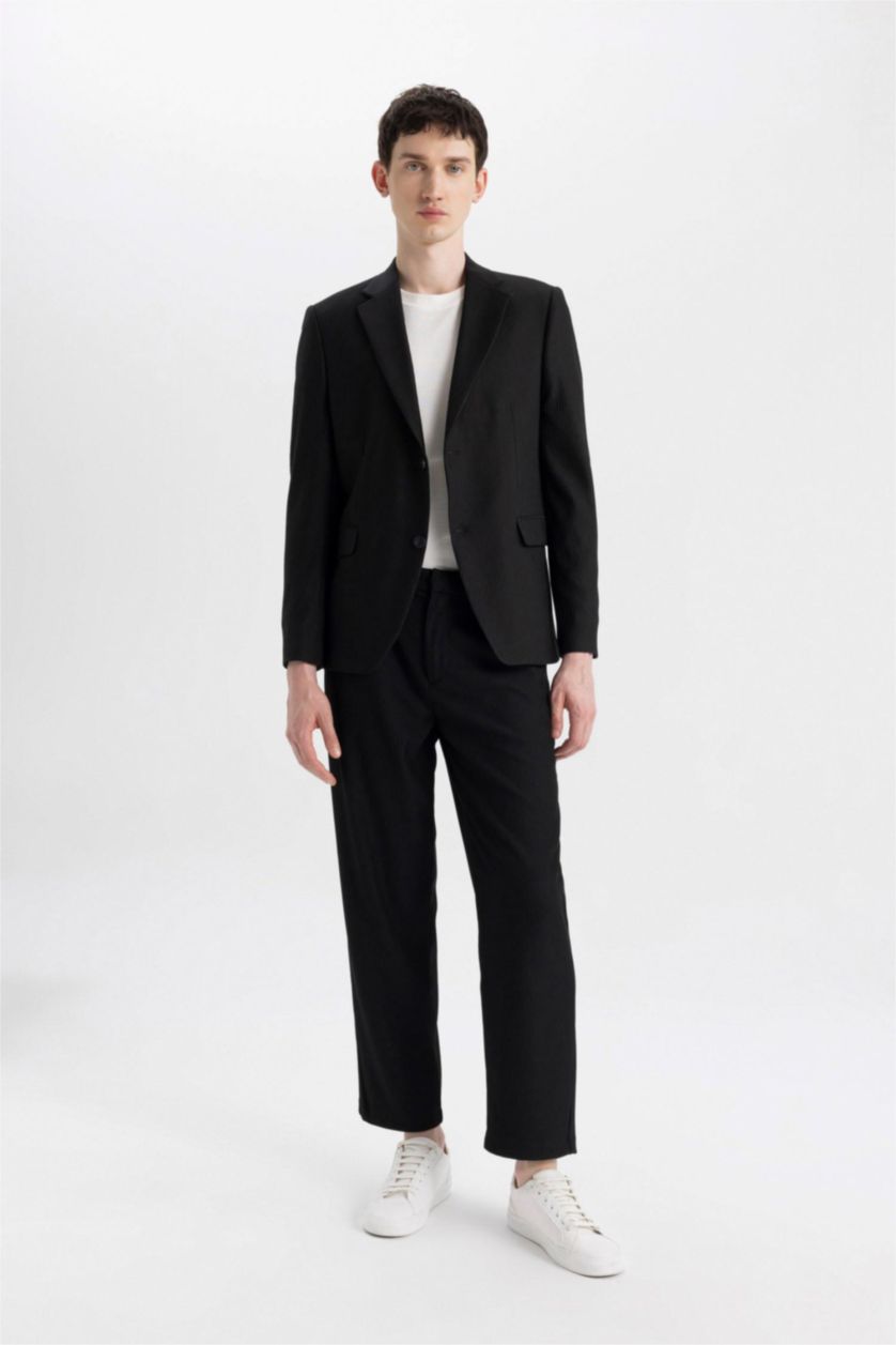 Man Black Tapered Fit Regular Hem Trousers