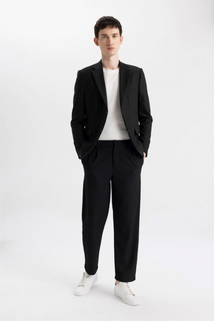 Man Black Tapered Fit Regular Hem Trousers