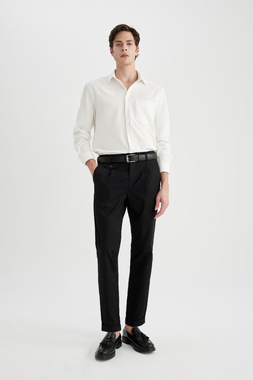 Man Black Tapered Fit Double Hem Twill Trousers