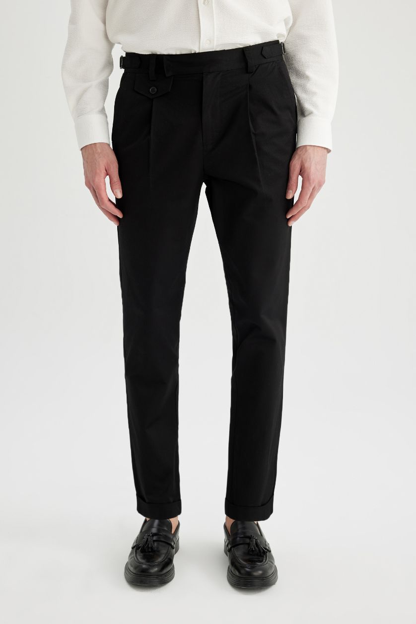 Man Black Tapered Fit Double Hem Twill Trousers