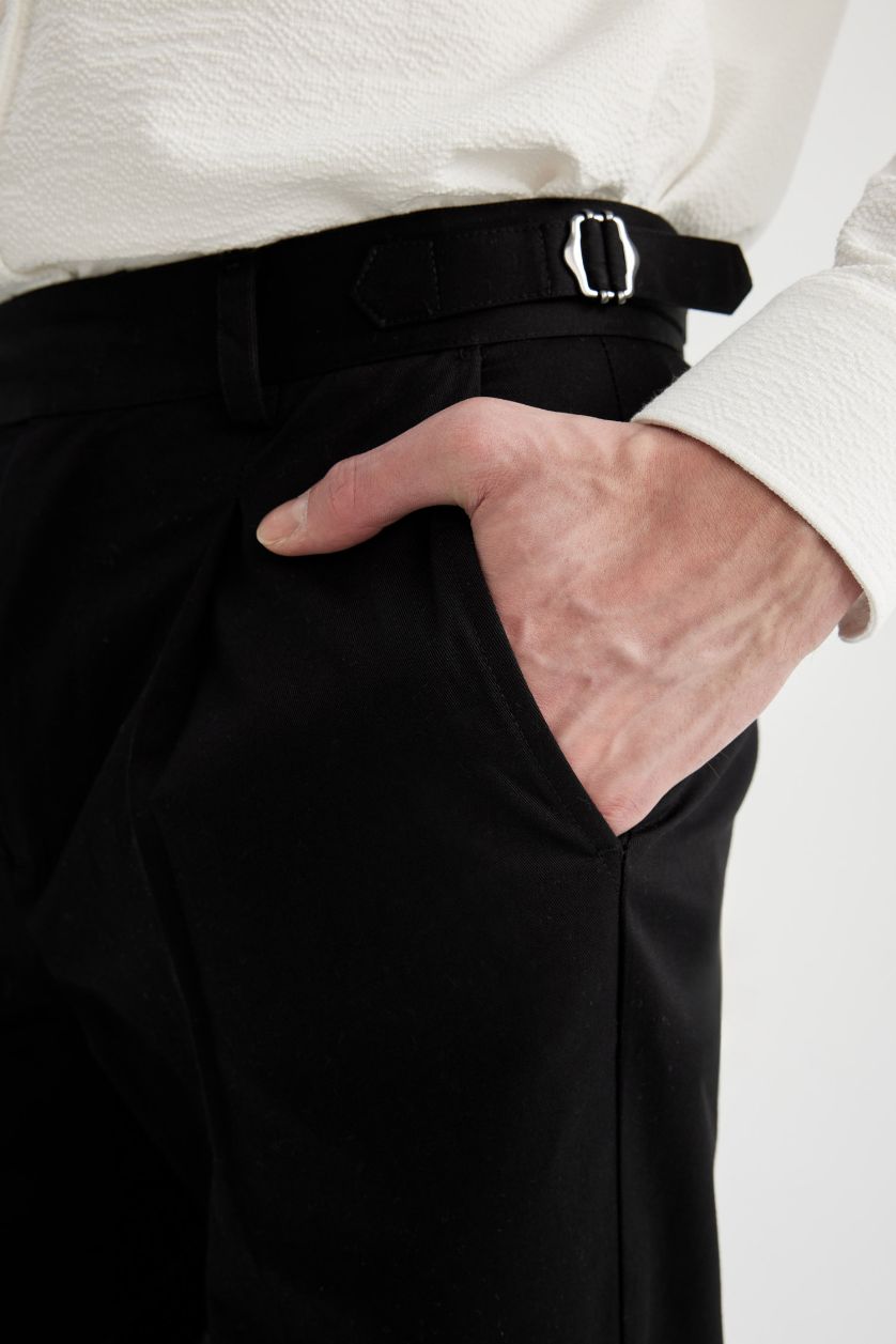 Man Black Tapered Fit Double Hem Twill Trousers