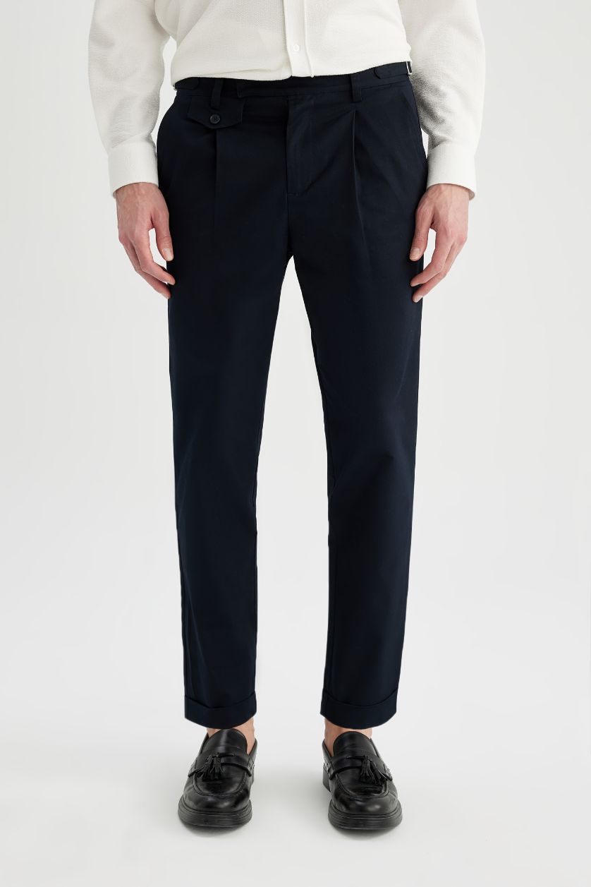 Erkek Lacivert Çapraz Dokuma Yazlık Kumaş Pantolon Tapered Fit Normal Kesim Cepli Basic Düz Keten Karışımlı Duble Paça