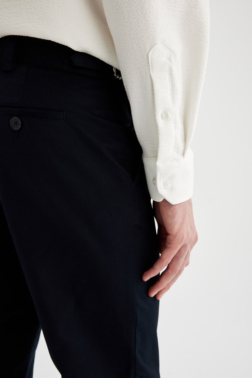 Erkek Lacivert Çapraz Dokuma Yazlık Kumaş Pantolon Tapered Fit Normal Kesim Cepli Basic Düz Keten Karışımlı Duble Paça