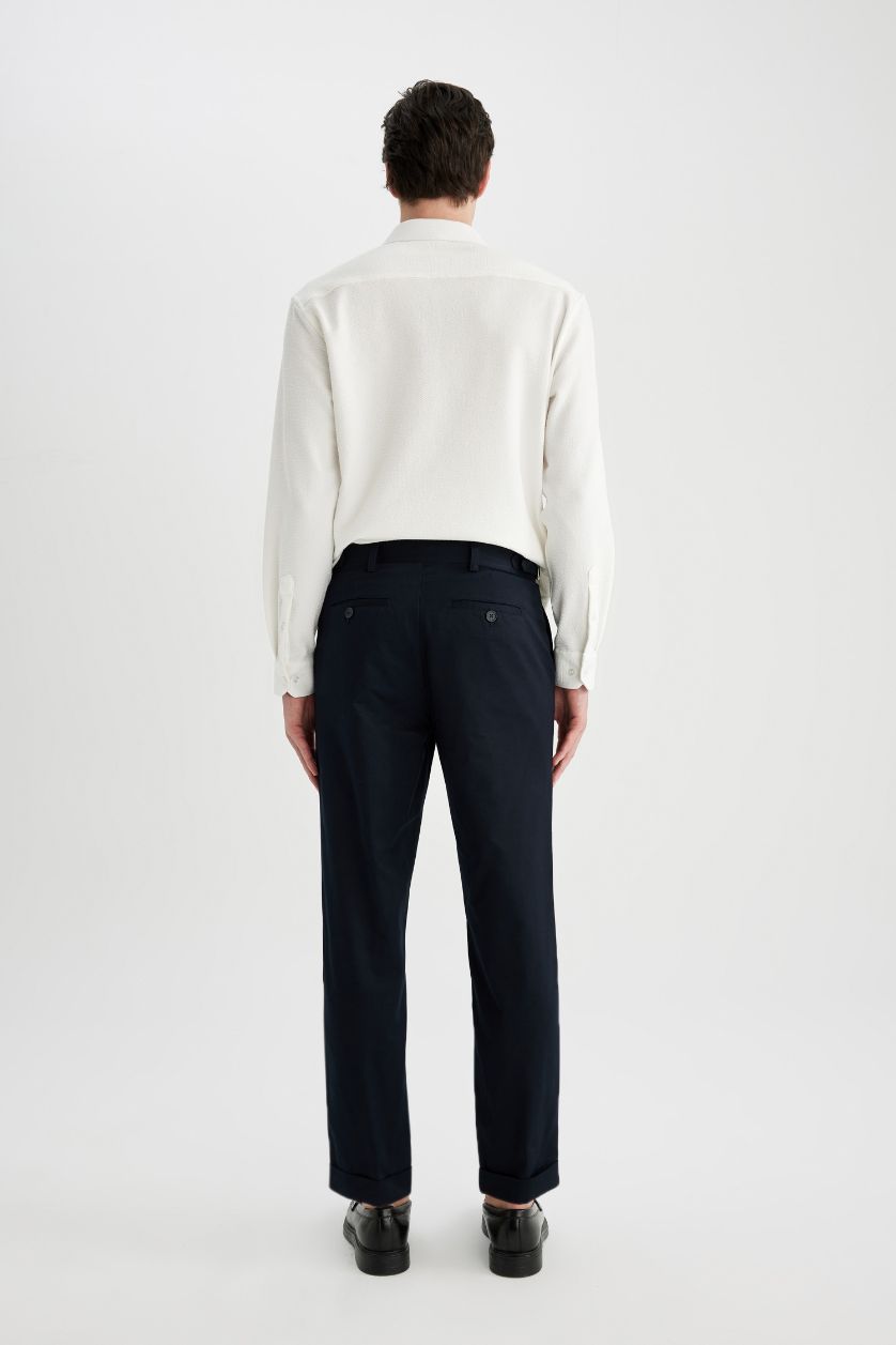 Erkek Lacivert Çapraz Dokuma Yazlık Kumaş Pantolon Tapered Fit Normal Kesim Cepli Basic Düz Keten Karışımlı Duble Paça