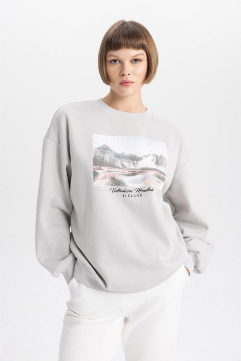 Woman Light Grey Oversize Fit Crew Neck Printed Thick Sweatshirt