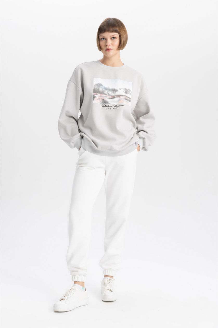 Woman Light Grey Oversize Fit Crew Neck Printed Thick Sweatshirt