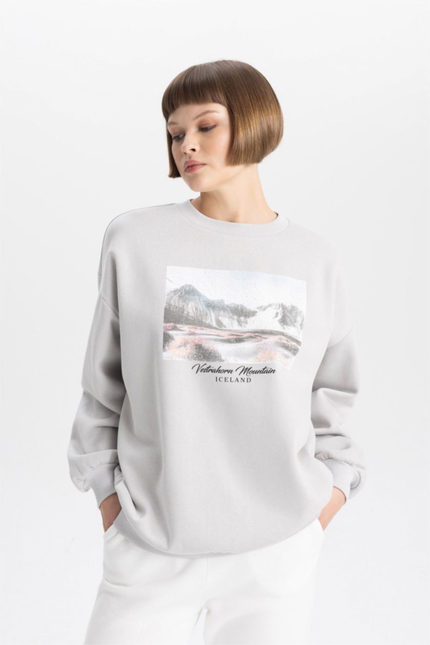 Woman Light Grey Oversize Fit Crew Neck Printed Thick Sweatshirt