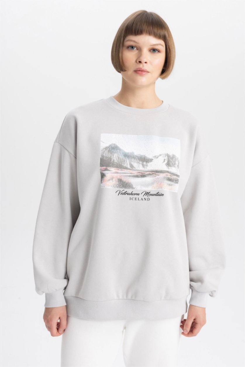 Woman Light Grey Oversize Fit Crew Neck Printed Thick Sweatshirt