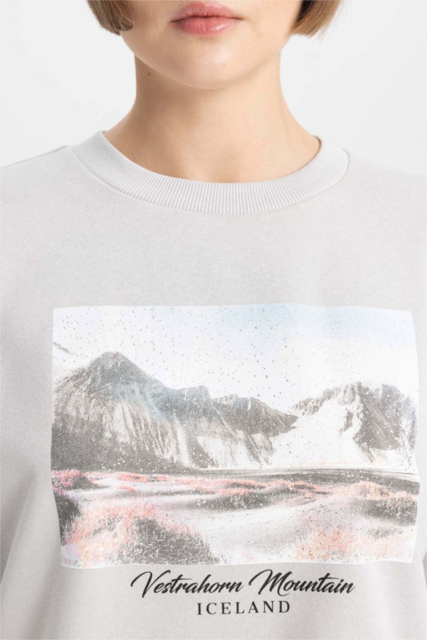 Woman Light Grey Oversize Fit Crew Neck Printed Thick Sweatshirt