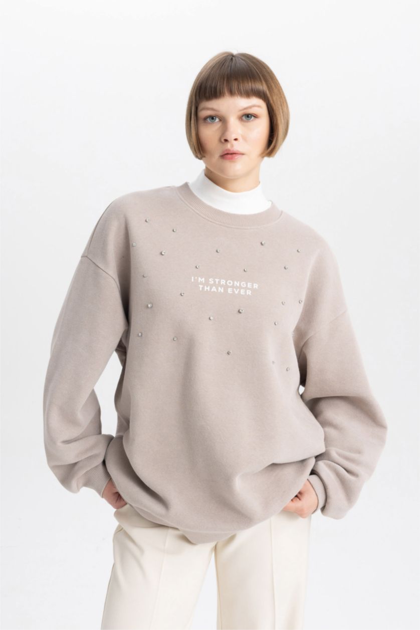 FEMME Beige Sweatshirt Épais Coupe Relaxant Col Rond