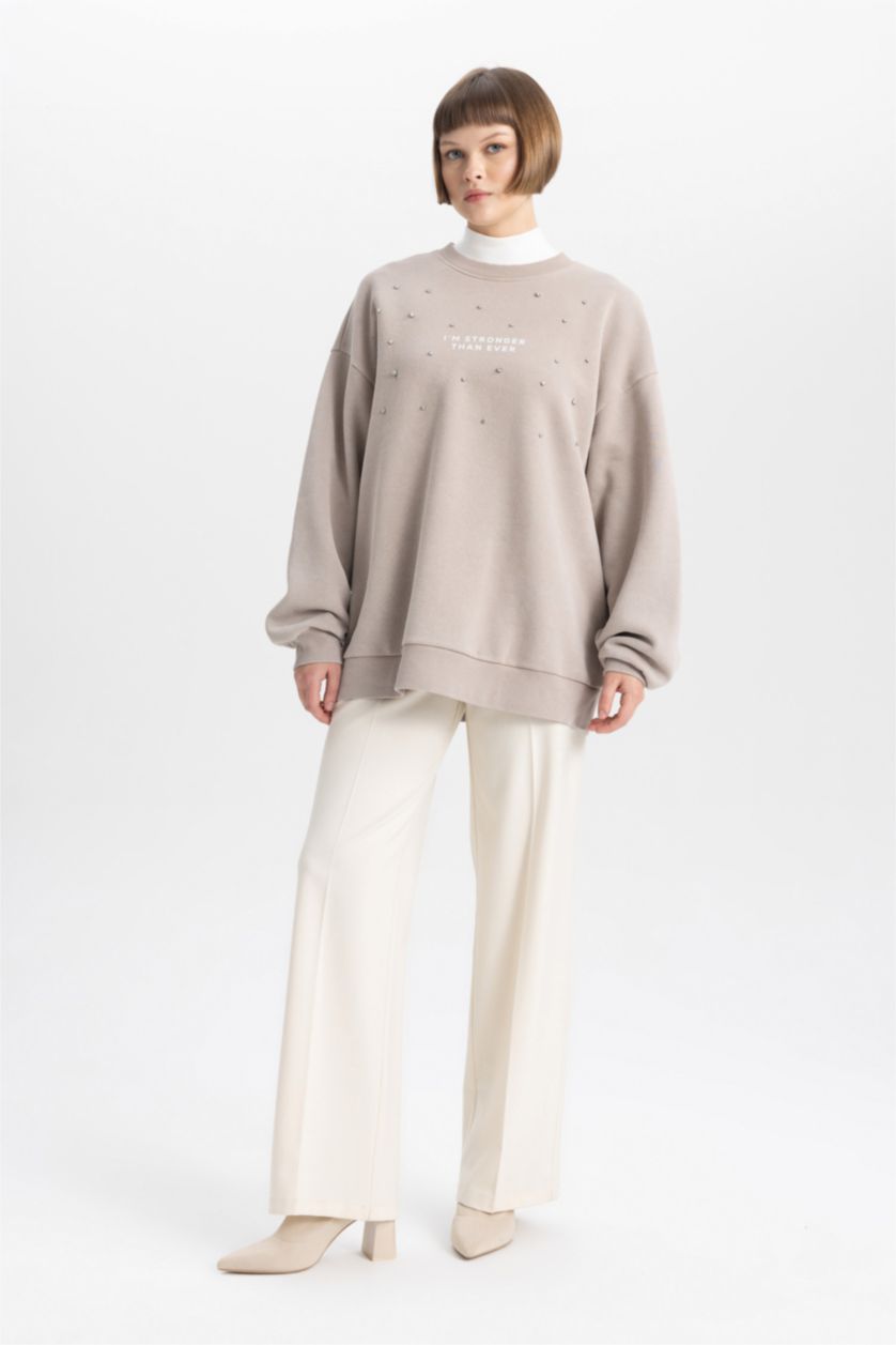 FEMME Beige Sweatshirt Épais Coupe Relaxant Col Rond