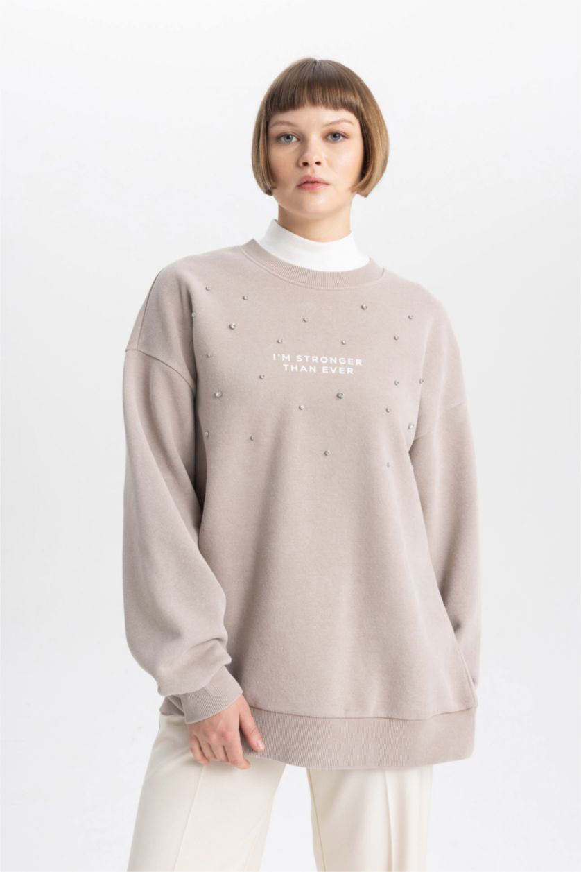 FEMME Beige Sweatshirt Épais Coupe Relaxant Col Rond