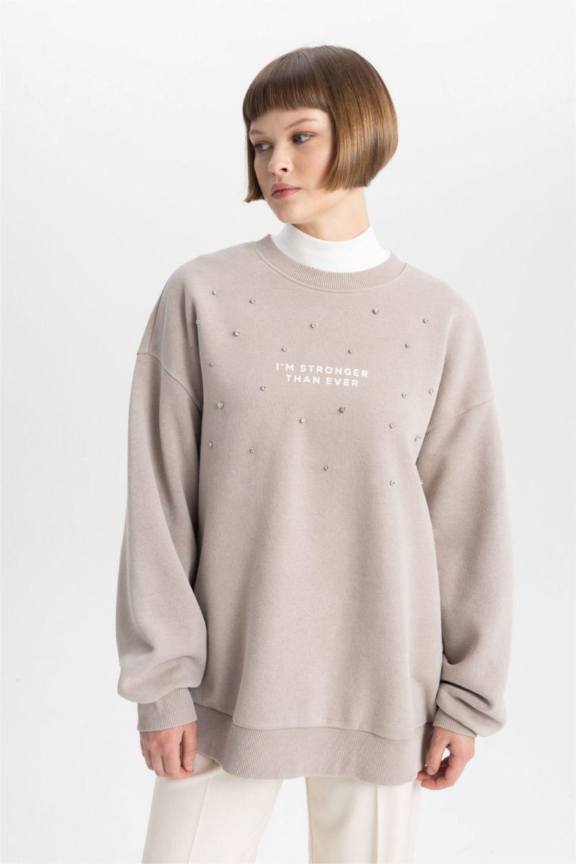 FEMME Beige Sweatshirt Épais Coupe Relaxant Col Rond