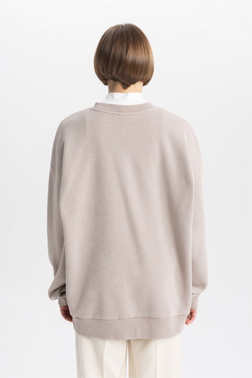 FEMME Beige Sweatshirt Épais Coupe Relaxant Col Rond