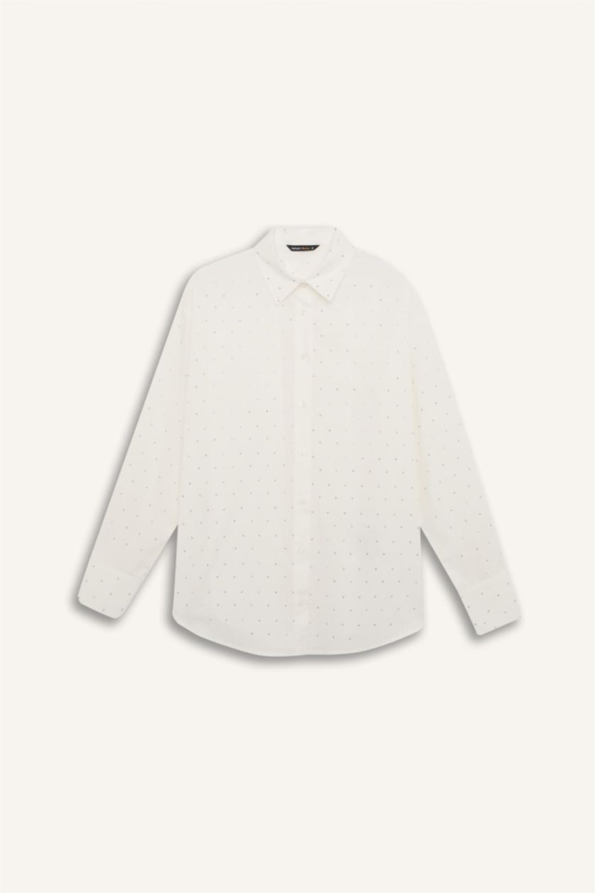 نساء بيج فاتح قميص بوبلين واسع برقبة قميص