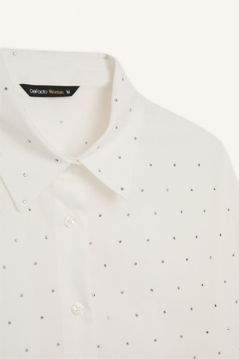 نساء بيج فاتح قميص بوبلين واسع برقبة قميص