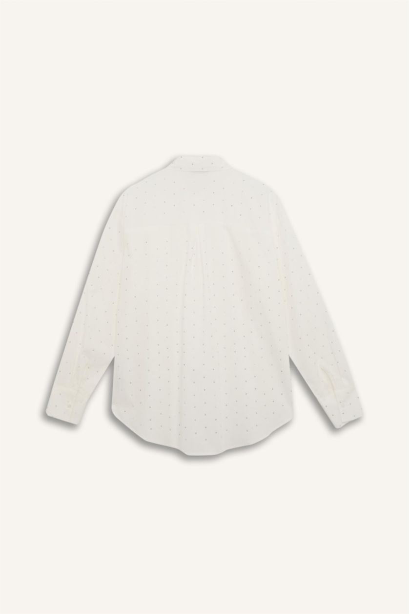 نساء بيج فاتح قميص بوبلين واسع برقبة قميص