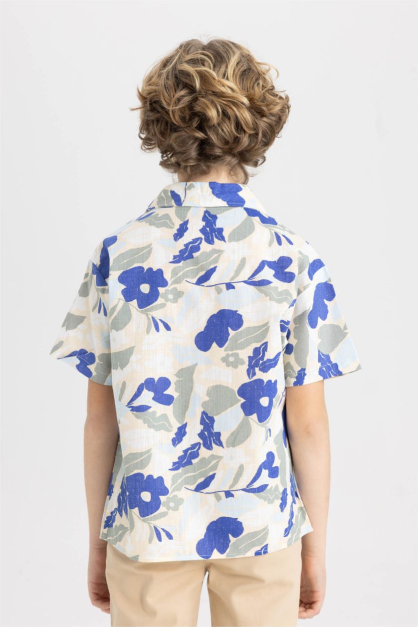 Erkek Çocuk - Genç Erkek Kum Oversize Geniş Kalıp Desenli Viskon Kısa Kollu Gömlek Erkek Çocuk